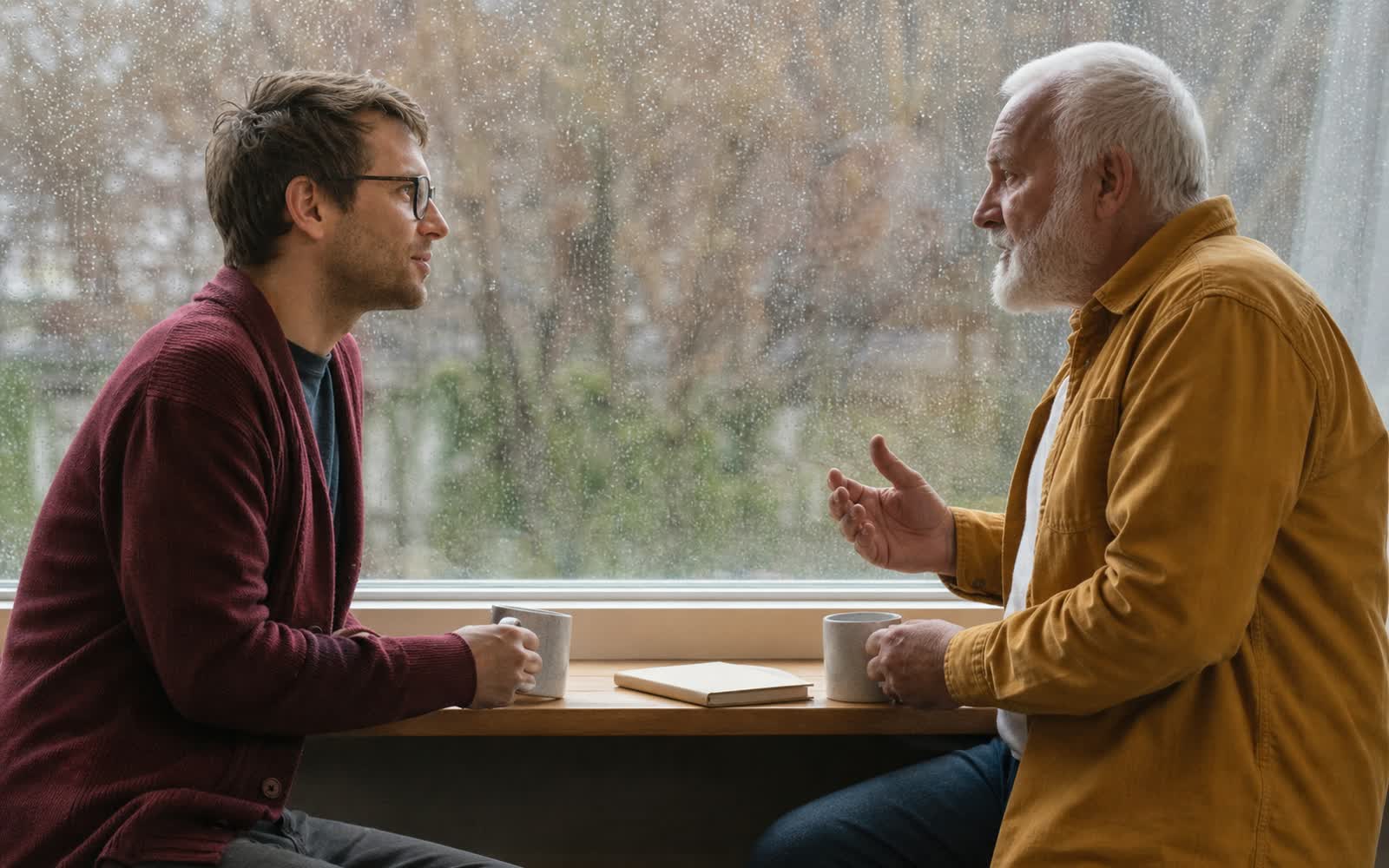 Zwei unterschiedlich alte Männer sprechen mit Tassen und Notizbuch an einer Fensterbank