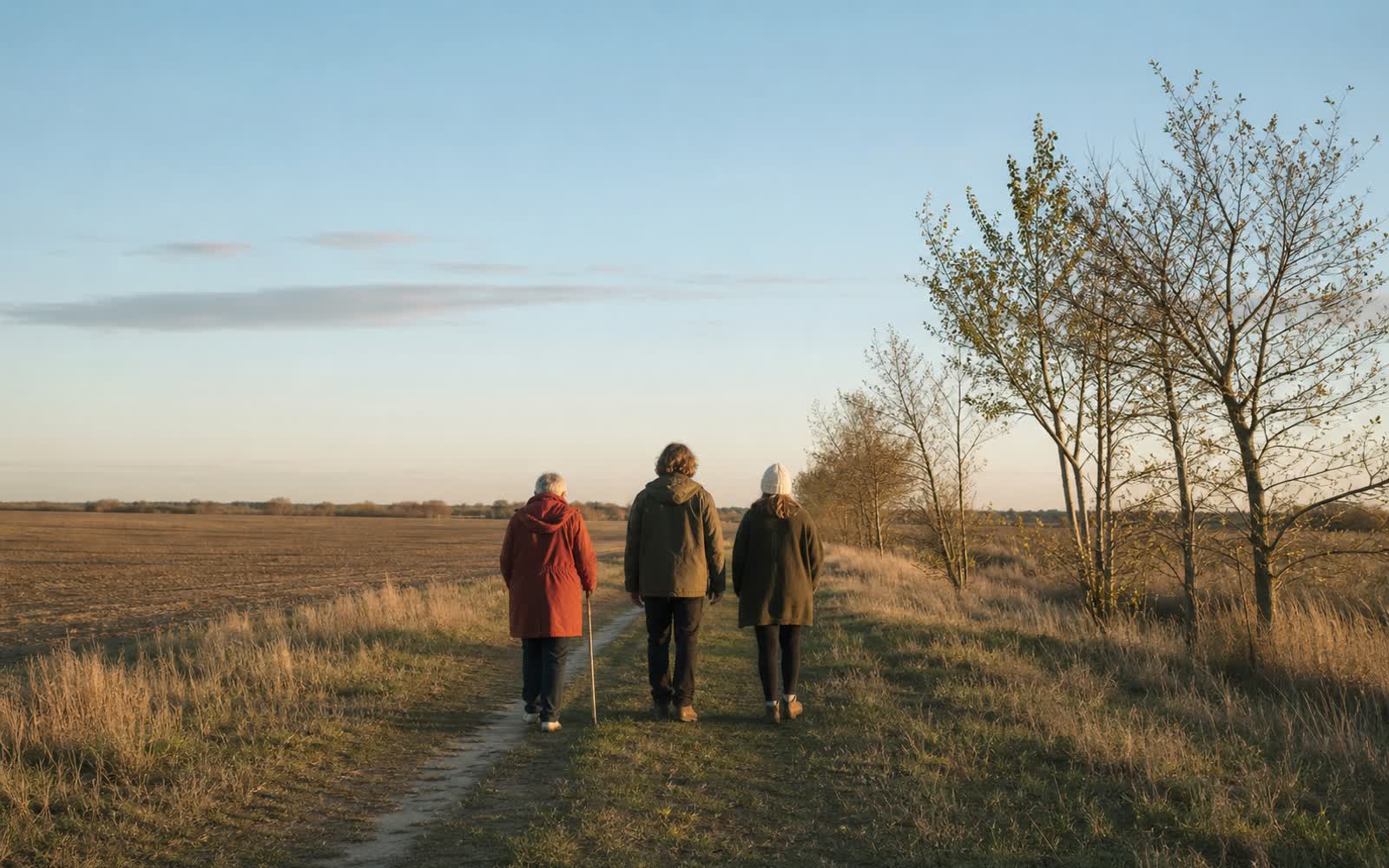 Drei Menschen gehen unter tief stehender Sonne einen Feldweg an einer Baumreihe entlang