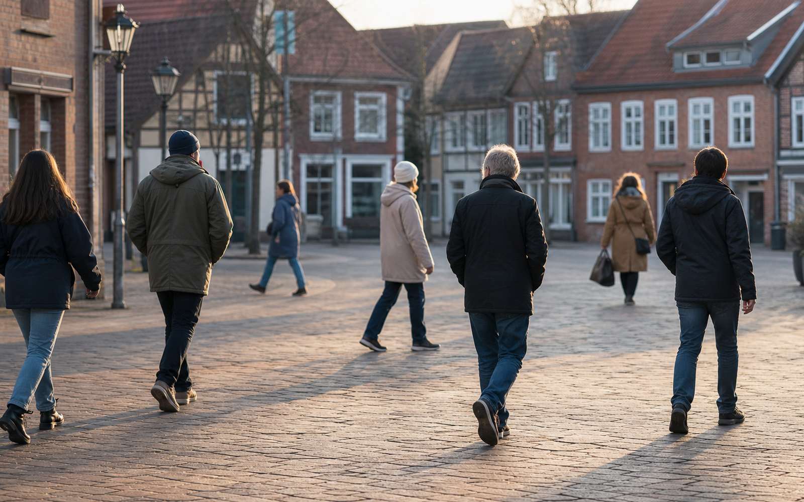 Symbolbild: Alltägliche Menschen gehen über einen erfundenen norddeutschen Kleinstadtplatz