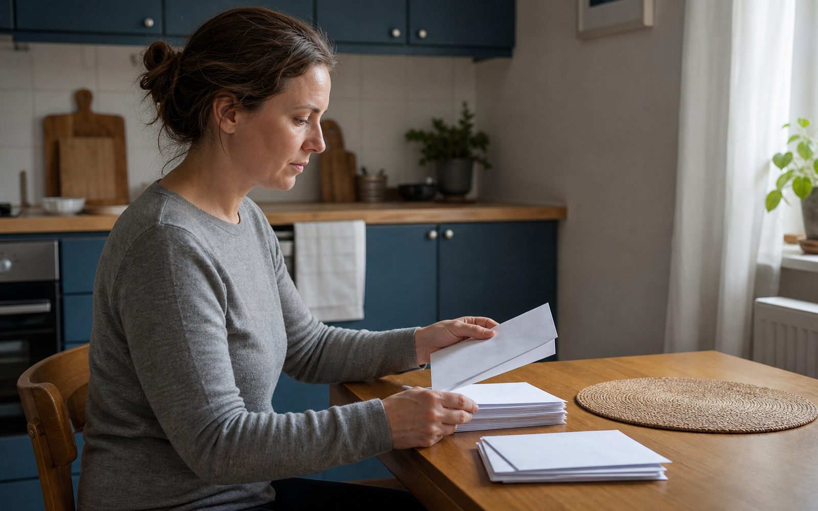 Symbolbild: Person sortiert konzentriert blanke Post in zwei Gruppen am Küchentisch